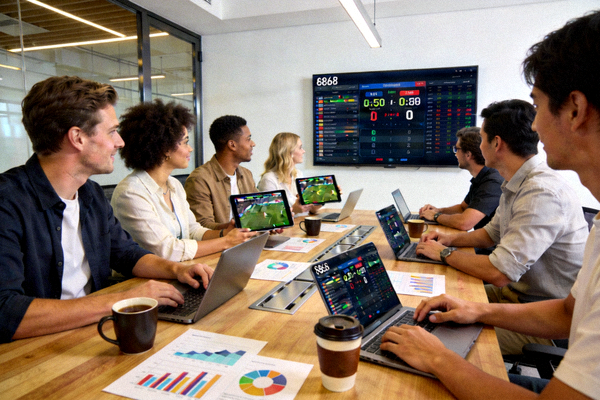 8868体育团队在现代化办公室中讨论体育赛事数据的场景